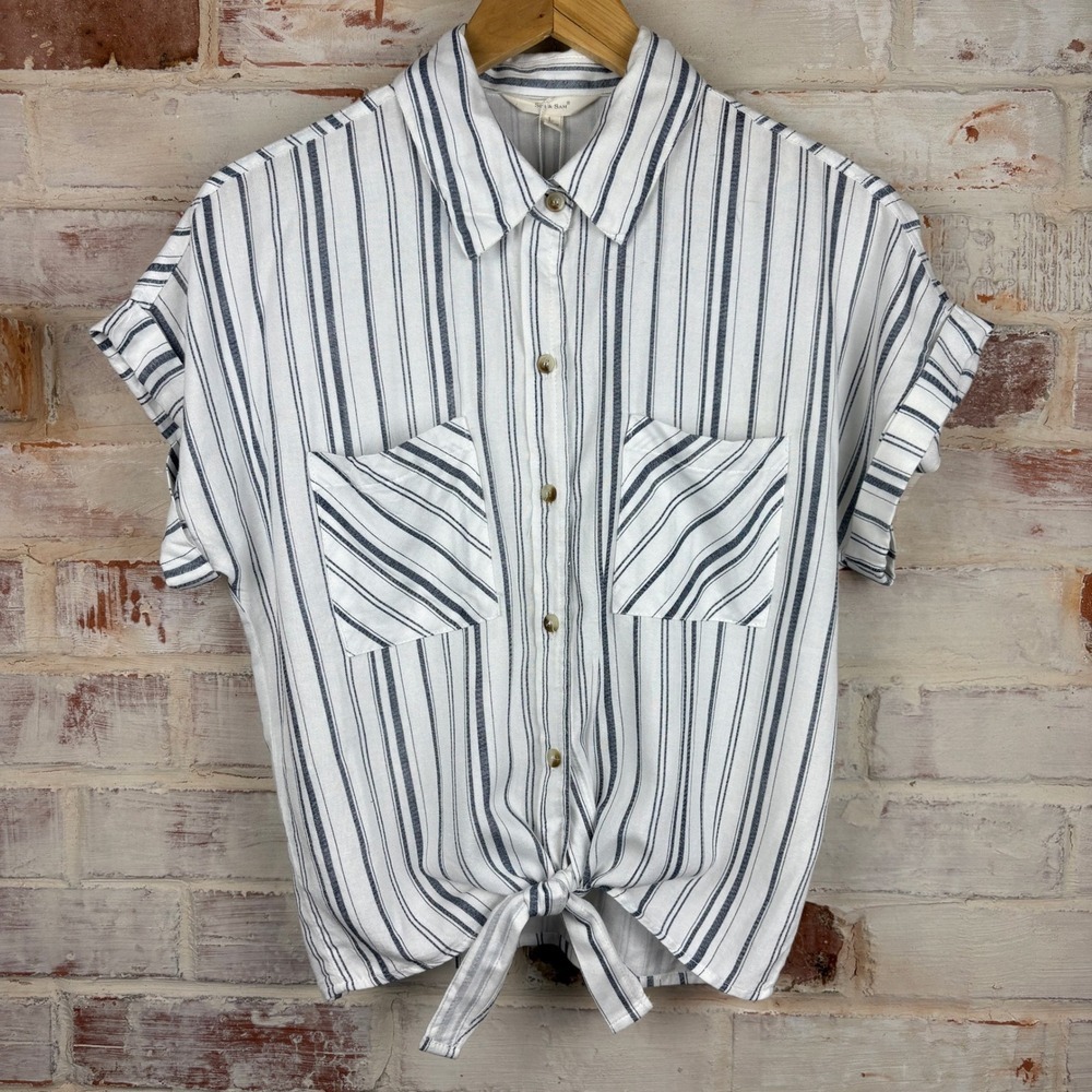 Sim & Sam NWT Striped Tie-Front Shirt White Navy L Coastal Summer Nautical Vibes